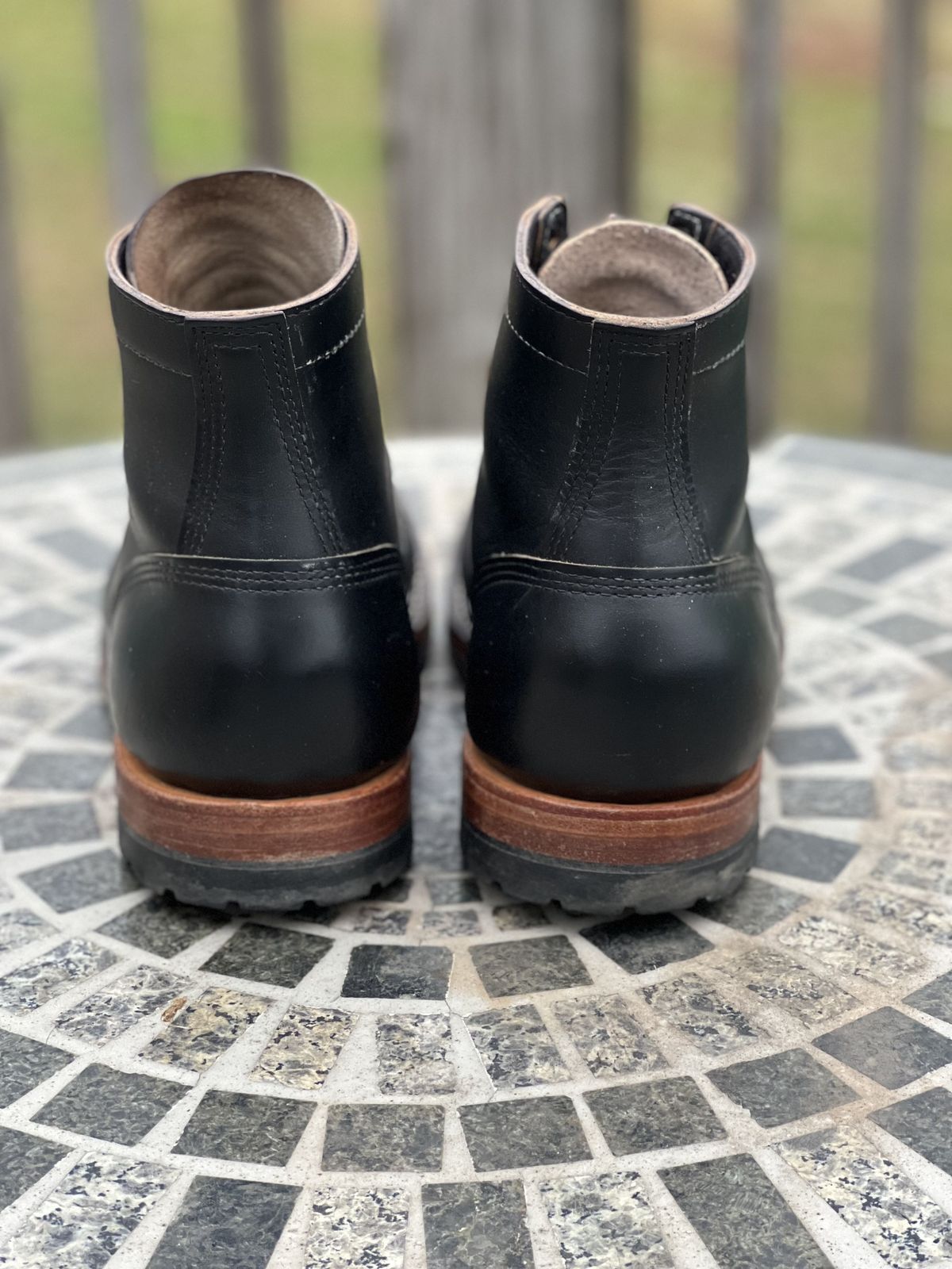 Photo by patinathunderdome on April 6, 2022 of the White's MP-Sherman Toe Cap in Horween Black Chromexcel Horsehide.