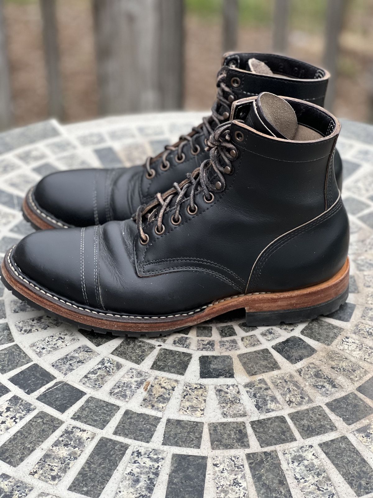 Photo by patinathunderdome on April 6, 2022 of the White's MP-Sherman Toe Cap in Horween Black Chromexcel Horsehide.