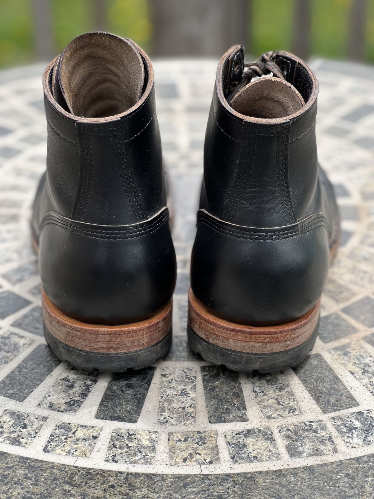 Photo by patinathunderdome on May 5, 2022 of the White's MP-Sherman Toe Cap in Horween Black Chromexcel Horsehide.