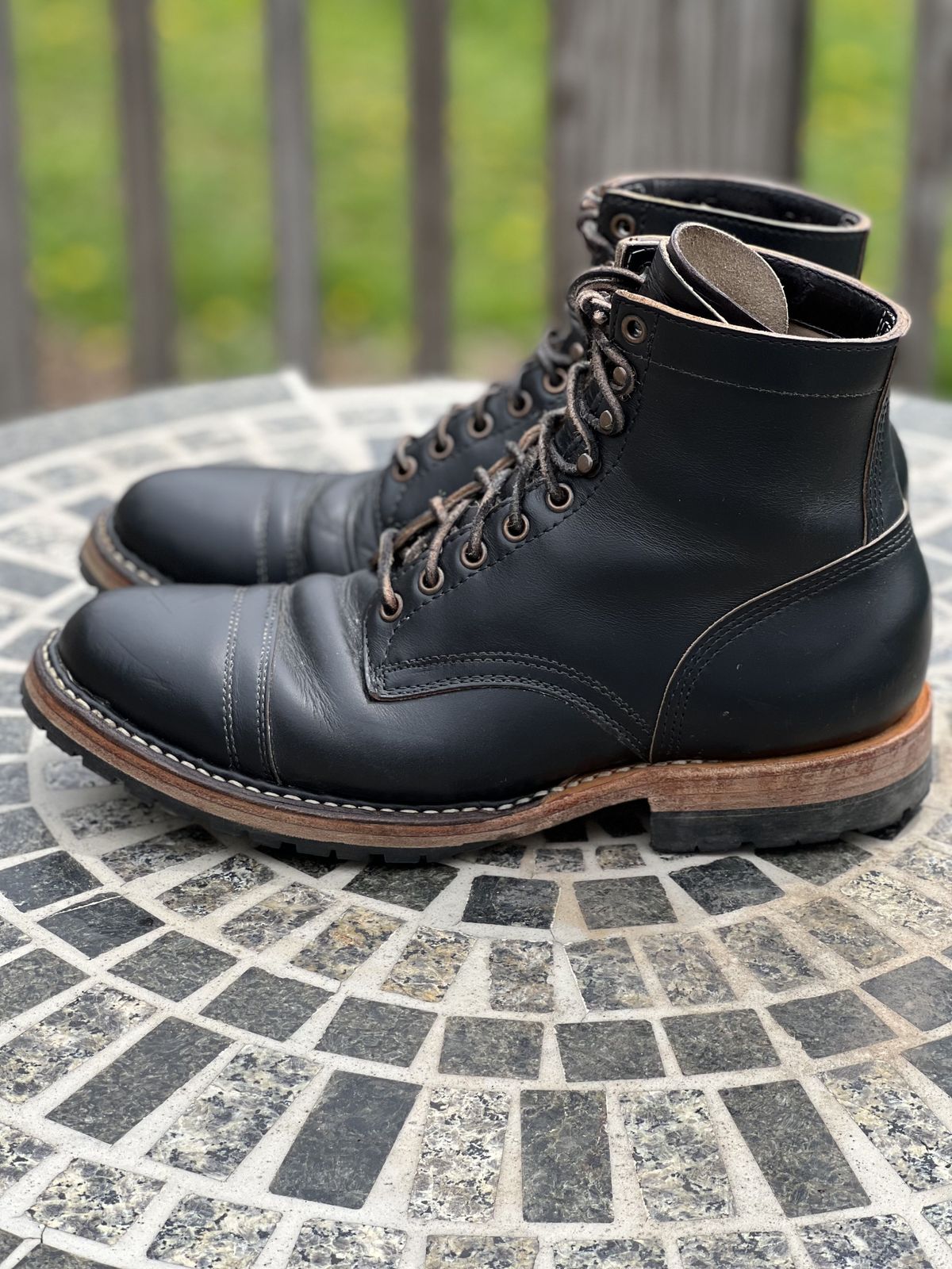 Photo by patinathunderdome on May 5, 2022 of the White's MP-Sherman Toe Cap in Horween Black Chromexcel Horsehide.