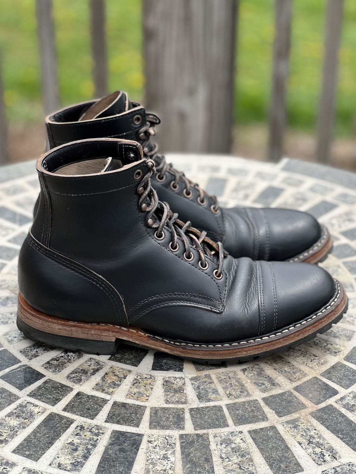 Photo by patinathunderdome on May 5, 2022 of the White's MP-Sherman Toe Cap in Horween Black Chromexcel Horsehide.