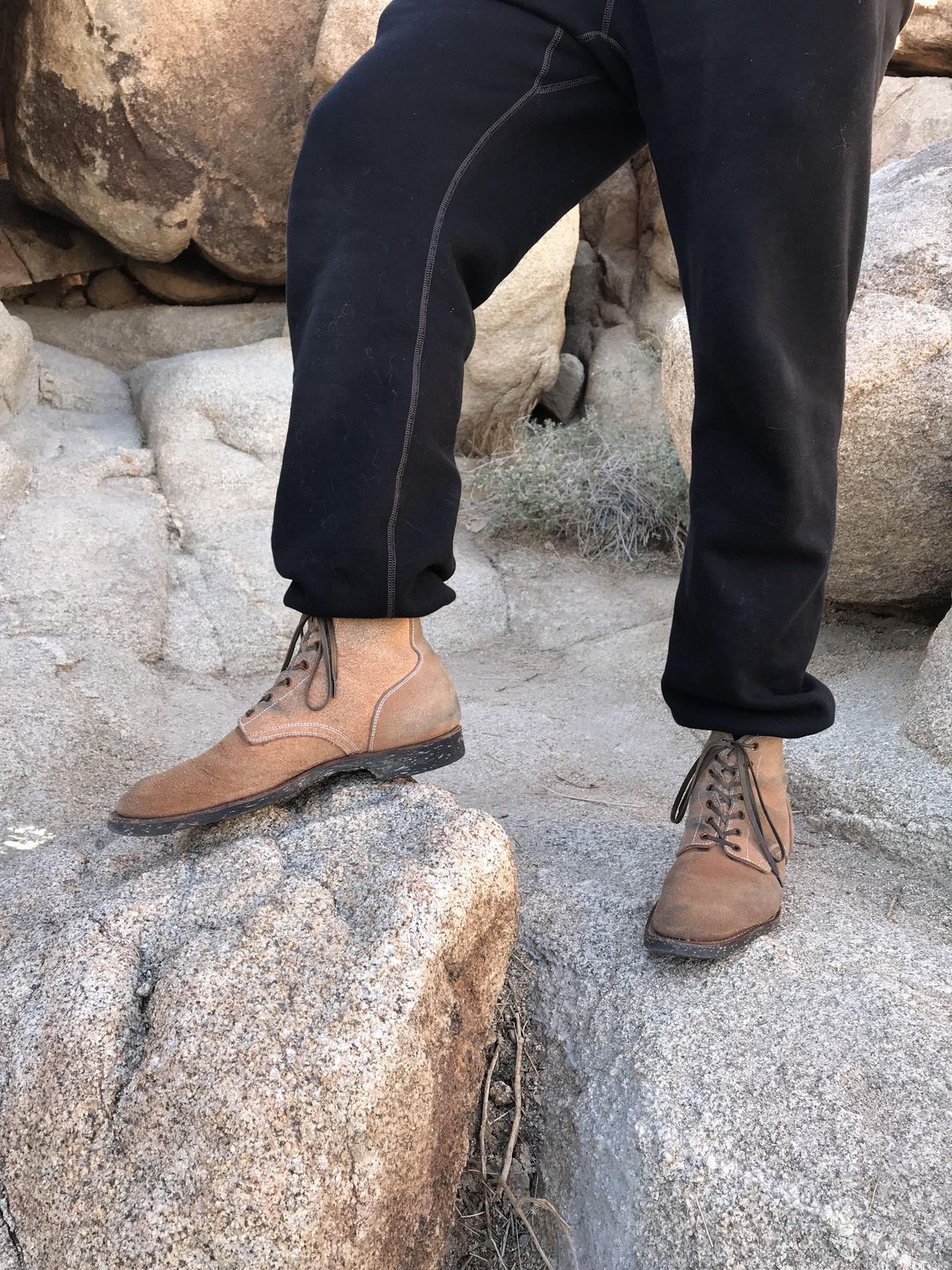 Photo by patinathunderdome on January 4, 2022 of the Clinch Yeager Boots in Wickett & Craig Natural Latigo Roughout.