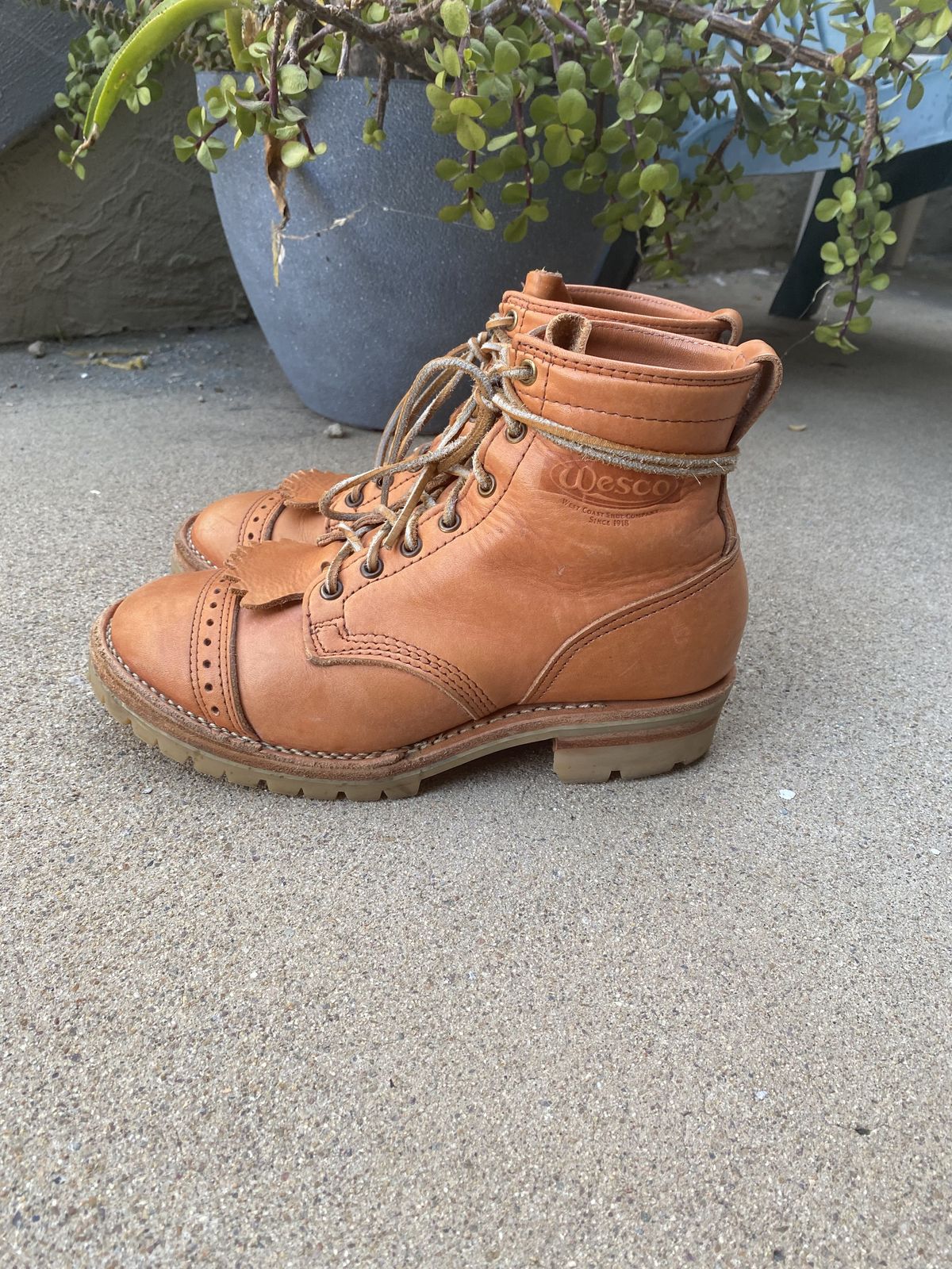 Photo by patinathunderdome on May 5, 2022 of the Wesco Hendrik in Horween Natural Essex.