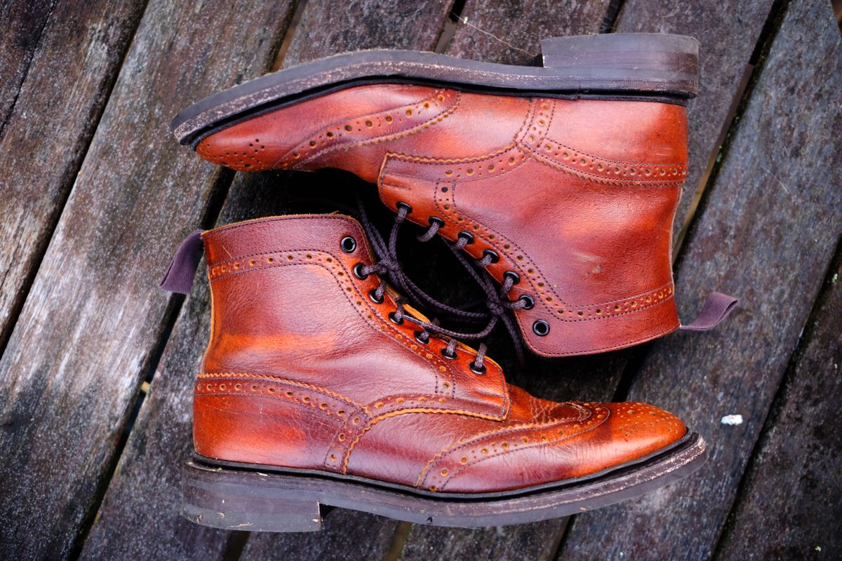 Photo by patinathunderdome on November 6, 2021 of the Tricker's Stow Country Boot in C.F. Stead Caramel Classic Kudu.