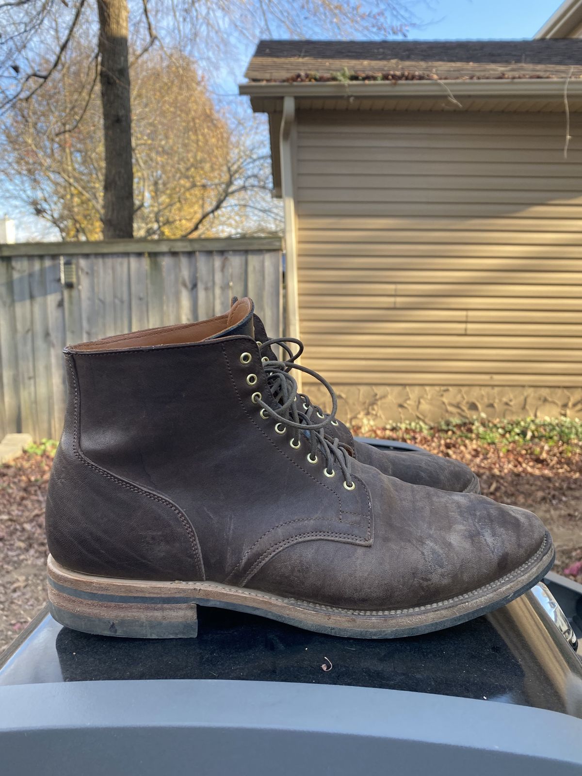 Photo by patinathunderdome on December 1, 2021 of the Viberg Service Boot in Washed Horsehide (Miloh Shop).