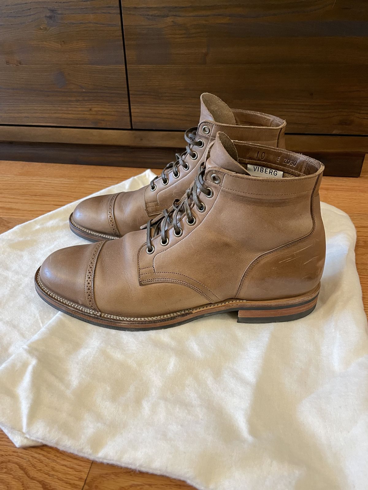 Photo by patinathunderdome on November 6, 2021 of the Viberg Service Boot in Horween Natural Chromexcel.