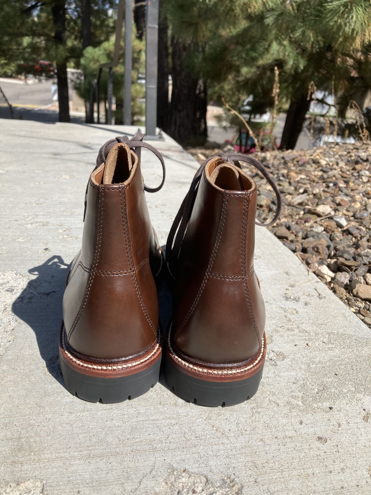 Photo by patinathunderdome on October 1, 2021 of the Grant Stone Brass Boot in Horween Crimson Chromexcel.
