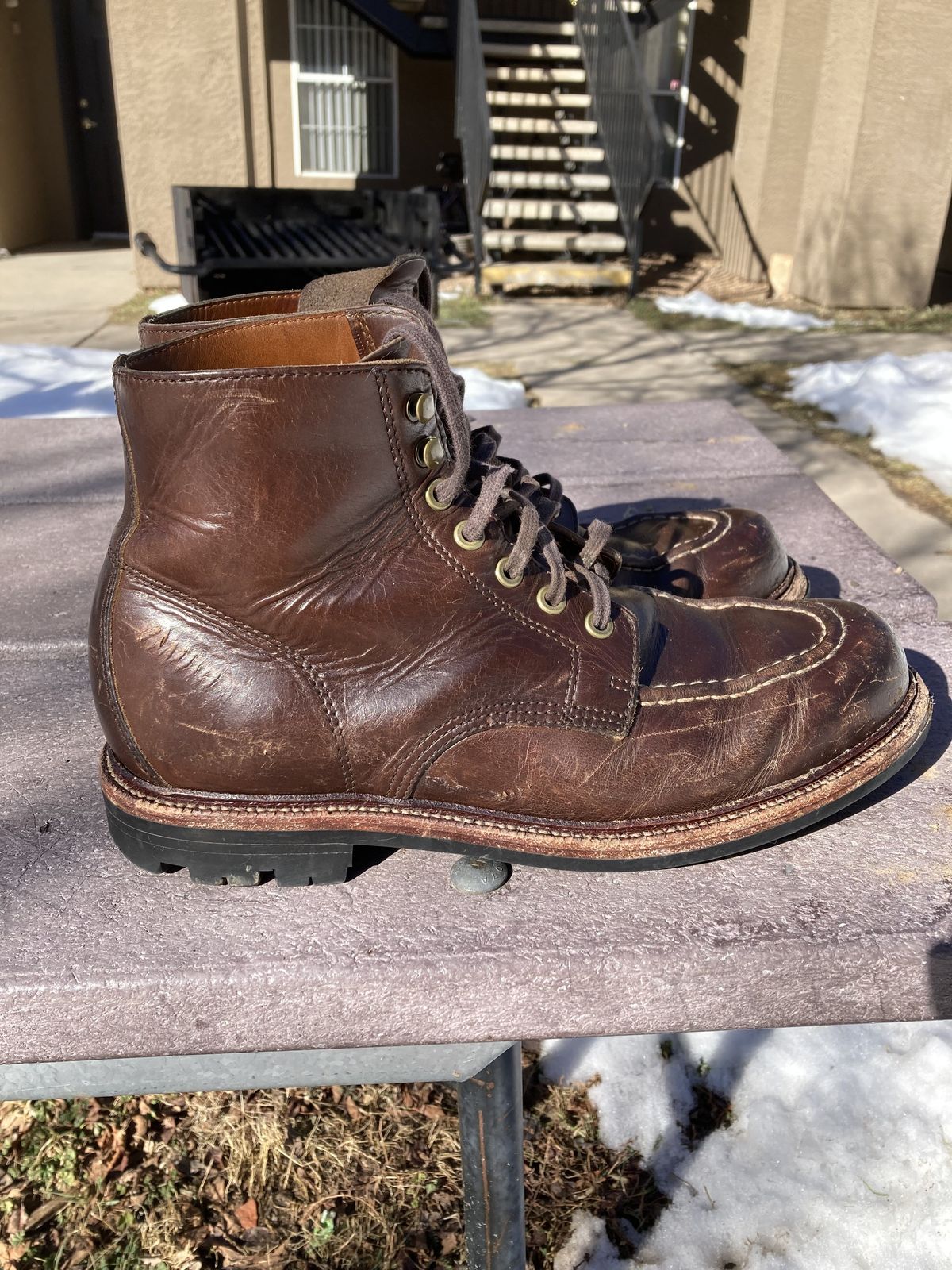Photo by patinathunderdome on January 4, 2022 of the Grant Stone Brass Boot in Horween Crimson Chromexcel.