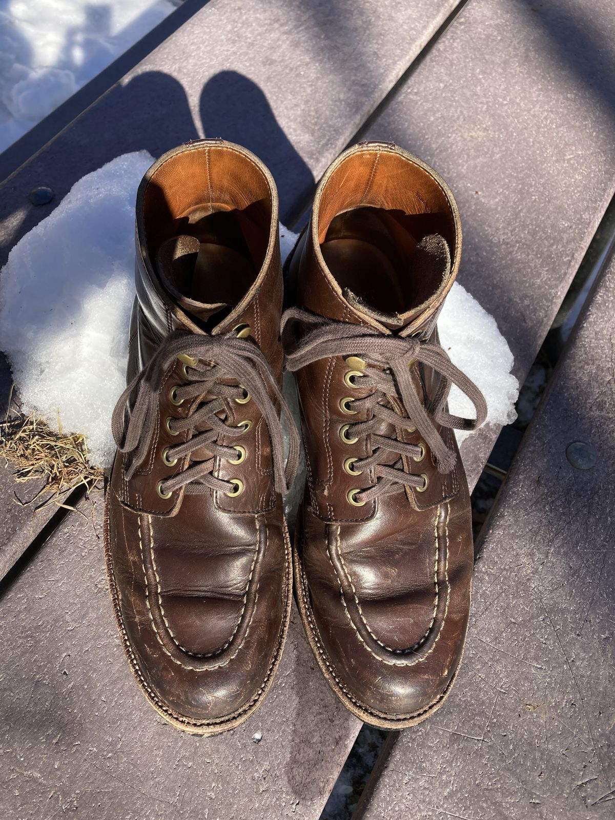 Photo by patinathunderdome on January 4, 2022 of the Grant Stone Brass Boot in Horween Crimson Chromexcel.