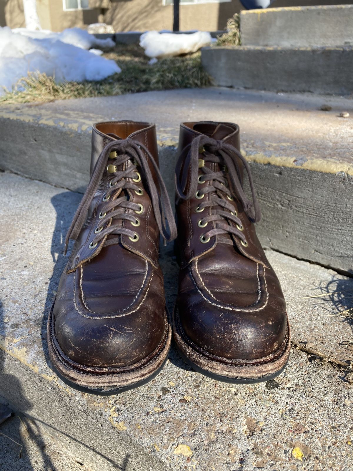 Photo by patinathunderdome on January 4, 2022 of the Grant Stone Brass Boot in Horween Crimson Chromexcel.