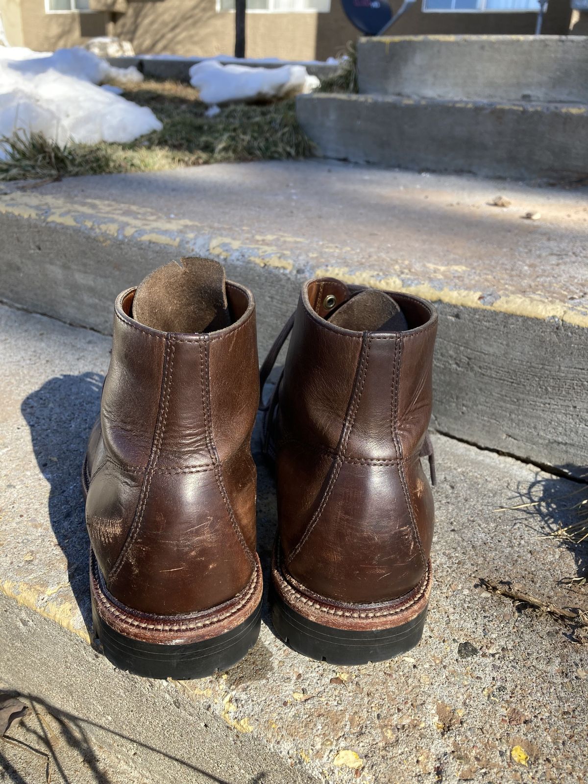 Photo by patinathunderdome on January 4, 2022 of the Grant Stone Brass Boot in Horween Crimson Chromexcel.