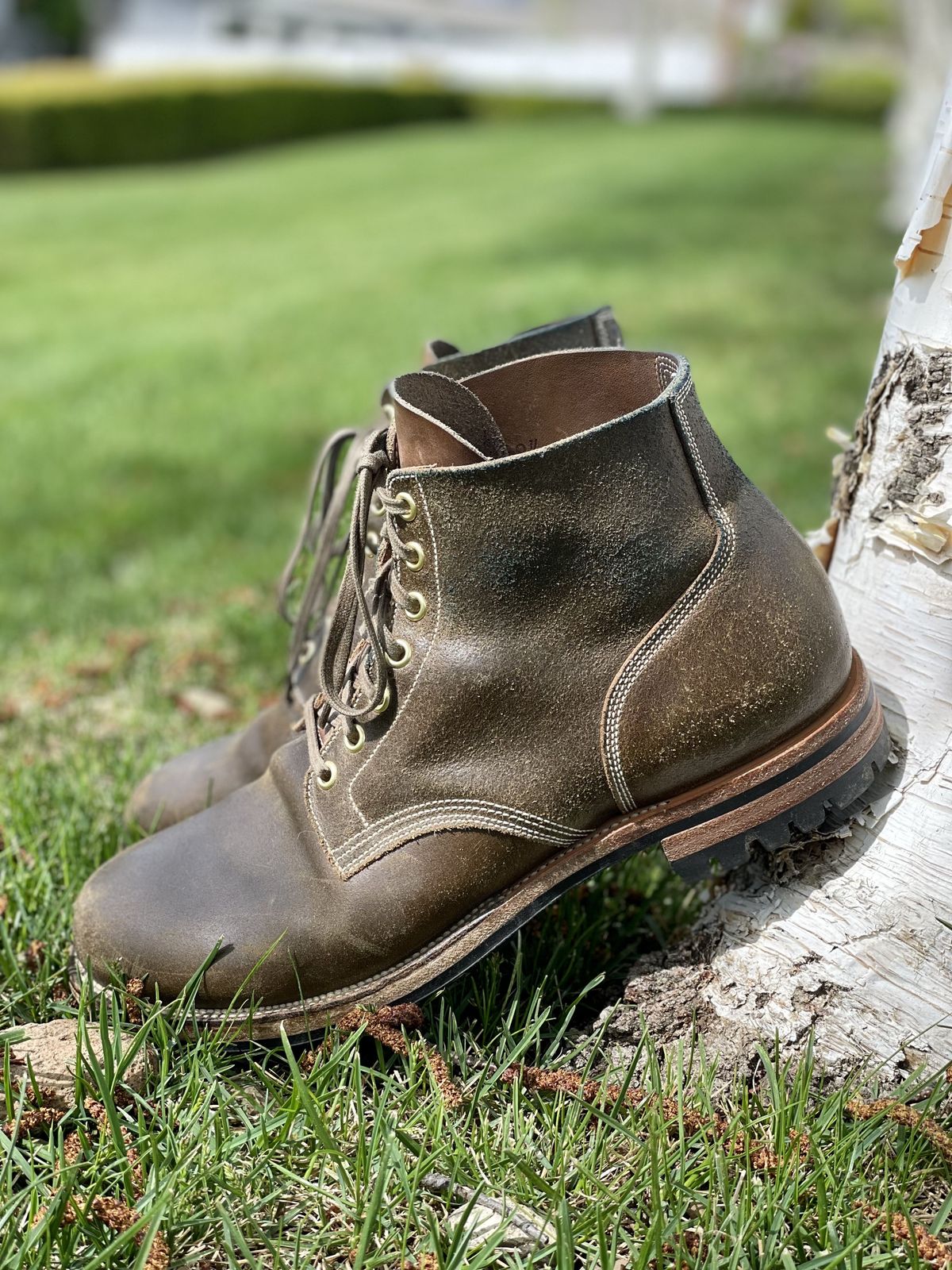 Photo by patinathunderdome on May 4, 2022 of the Viberg Boondocker in Horween Olive Waxed Flesh.