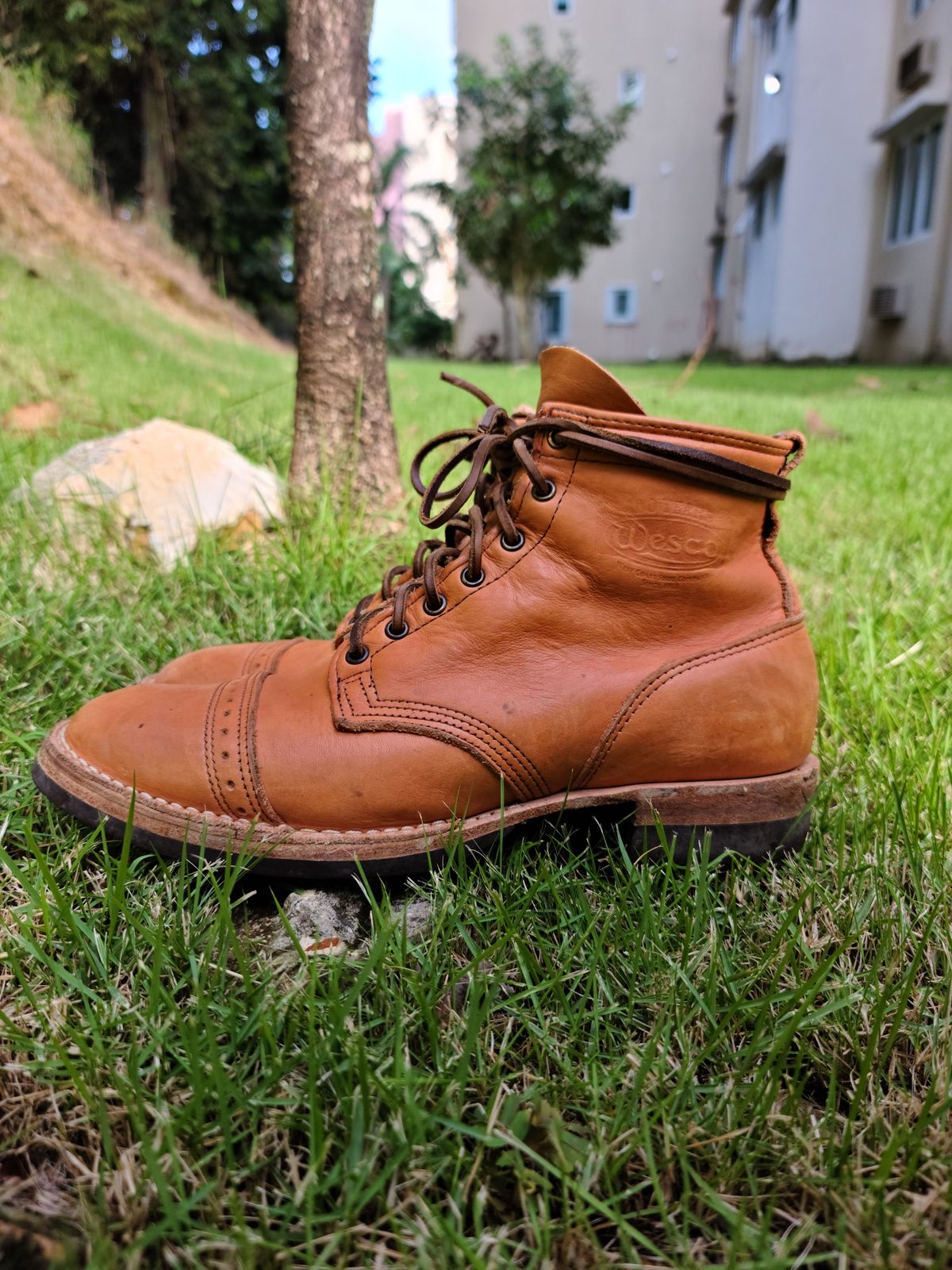 Photo by patinathunderdome on November 2, 2021 of the Wesco Hendrik in Horween Natural Essex.