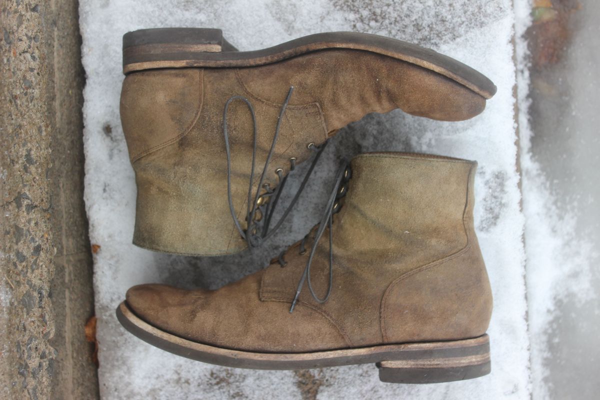 Photo by patinathunderdome on February 3, 2022 of the Rider Boot Co. Dundalk in Lo Stivale Olive Reverso Calf.