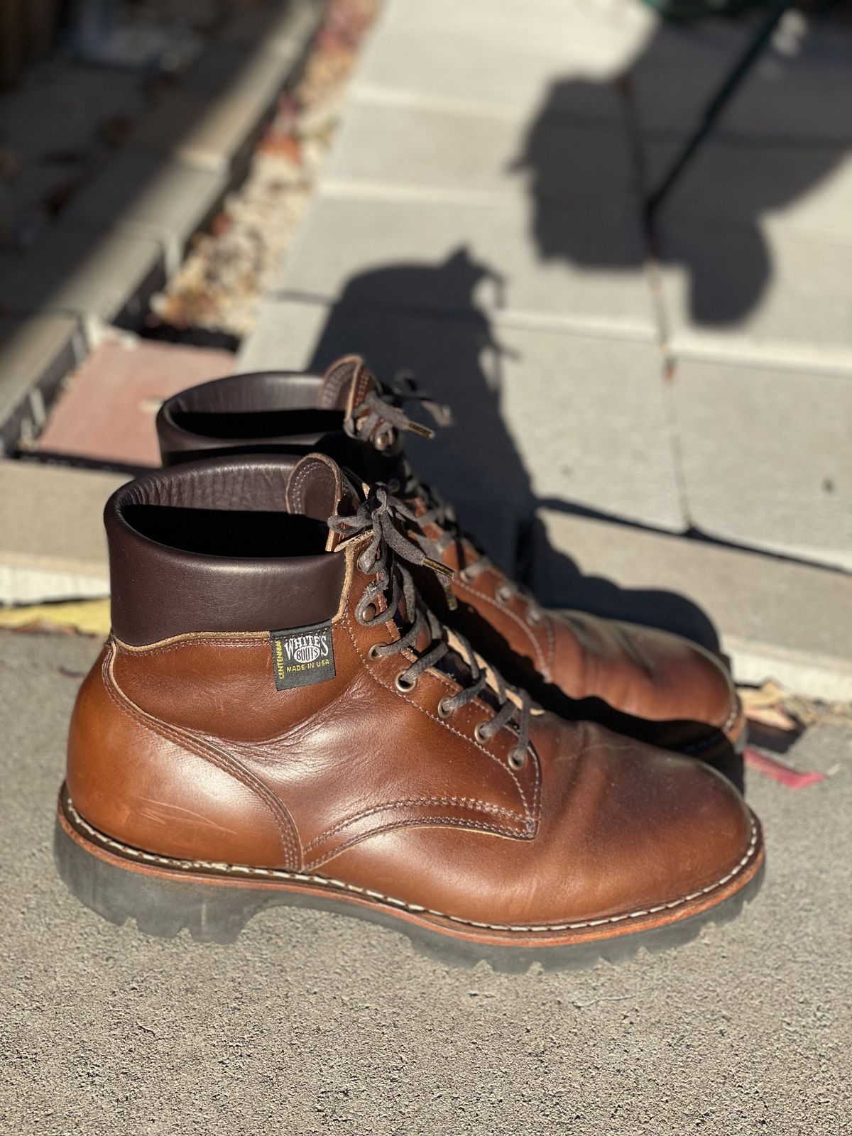Photo by patinathunderdome on December 4, 2021 of the White's Hiker in Horween British Tan Chromexcel.