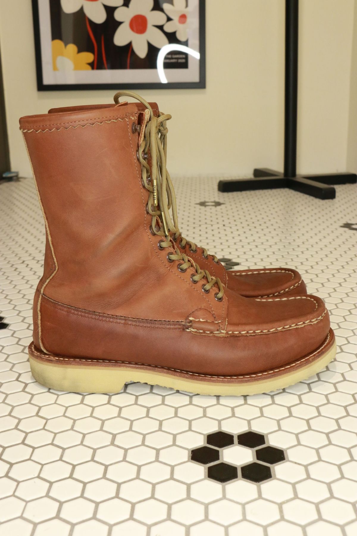 Photo by patinathunderdome on February 3, 2022 of the Russell Moccasin Co. Bird Shooter in Brown Oil Tan.