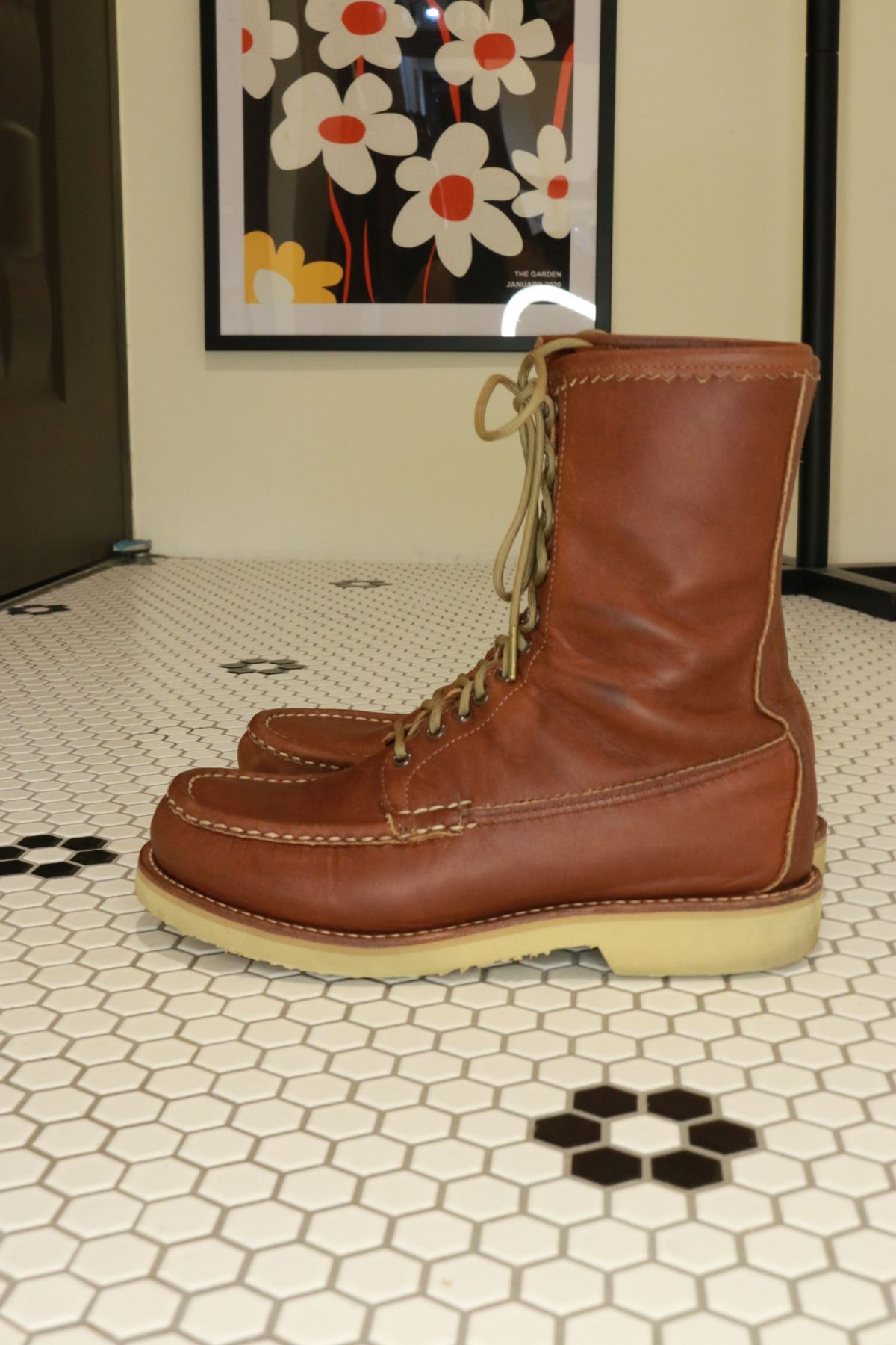 Photo by patinathunderdome on February 3, 2022 of the Russell Moccasin Co. Bird Shooter in Brown Oil Tan.