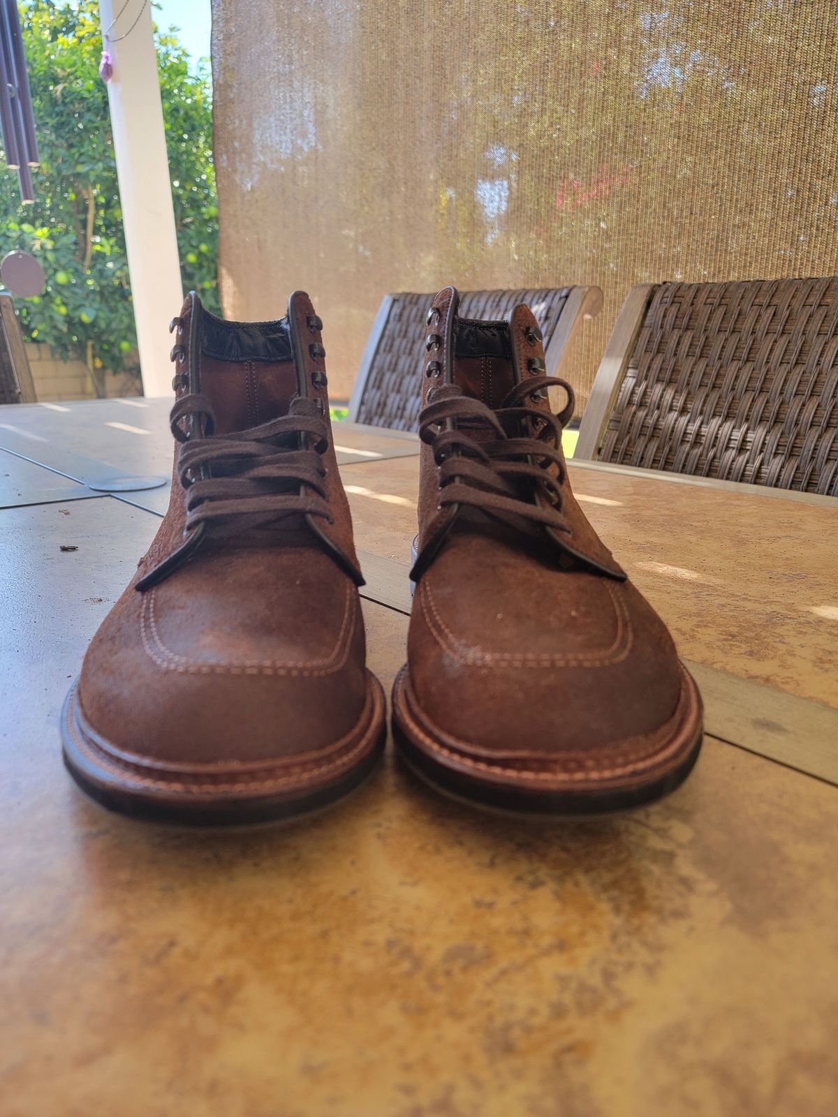 Photo by patinathunderdome on September 30, 2021 of the Alden Indy Boot in Horween Tobacco Chamois Roughout.