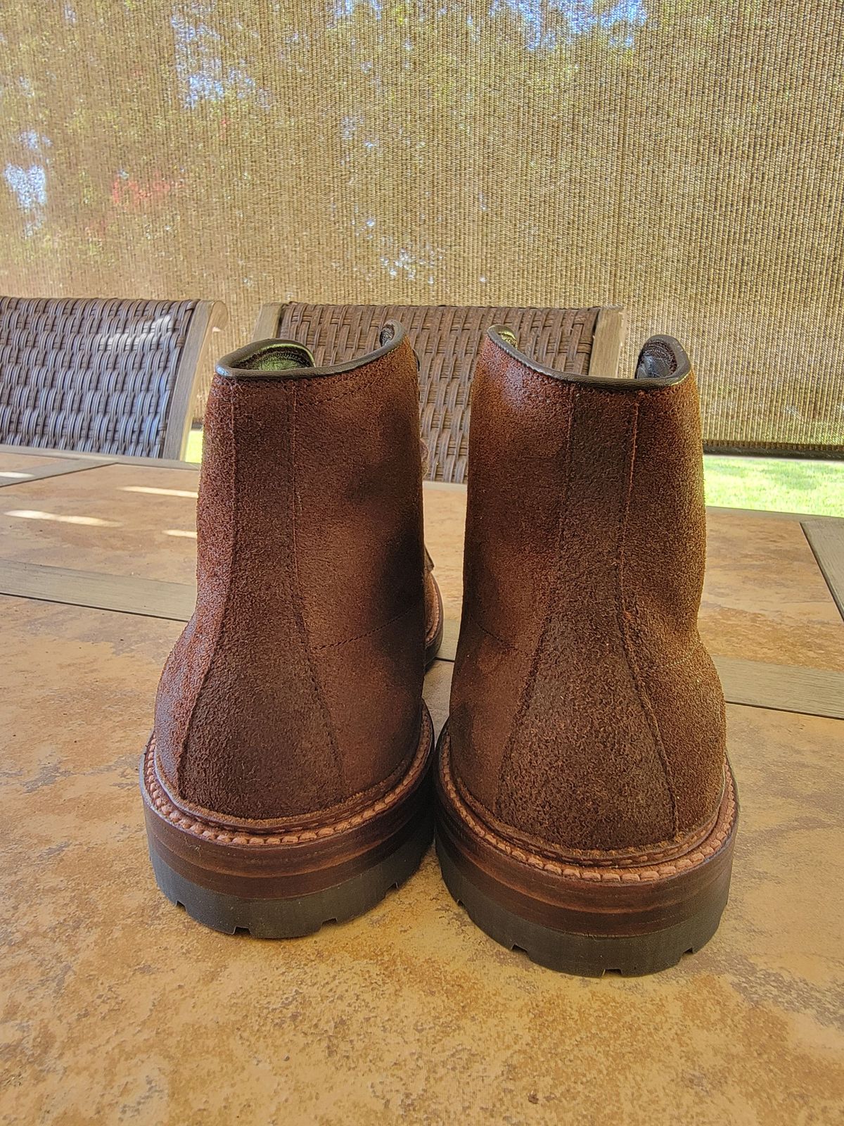 Photo by patinathunderdome on September 30, 2021 of the Alden Indy Boot in Horween Tobacco Chamois Roughout.