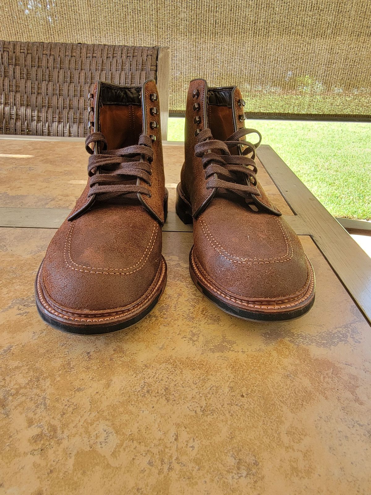 Photo by patinathunderdome on September 30, 2021 of the Alden Indy Boot in Horween Tobacco Chamois Roughout.