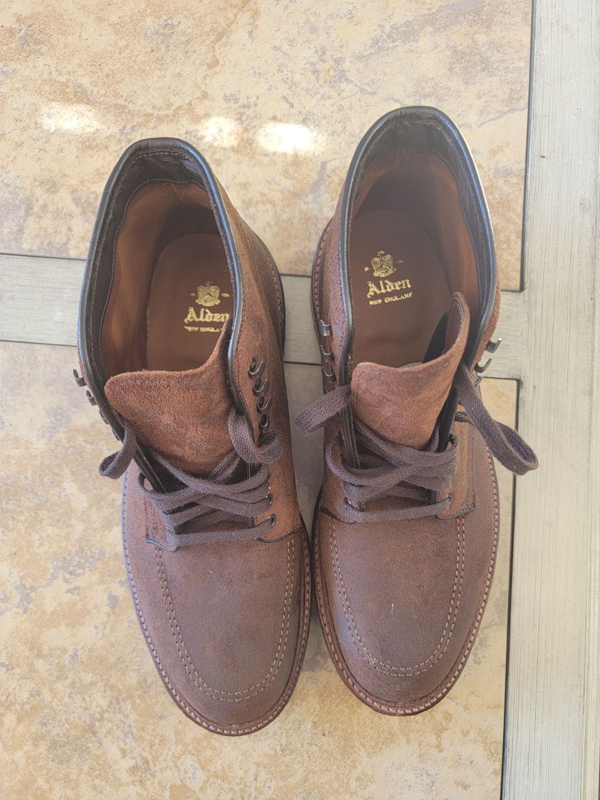 Photo by patinathunderdome on September 30, 2021 of the Alden Indy Boot in Horween Tobacco Chamois Roughout.