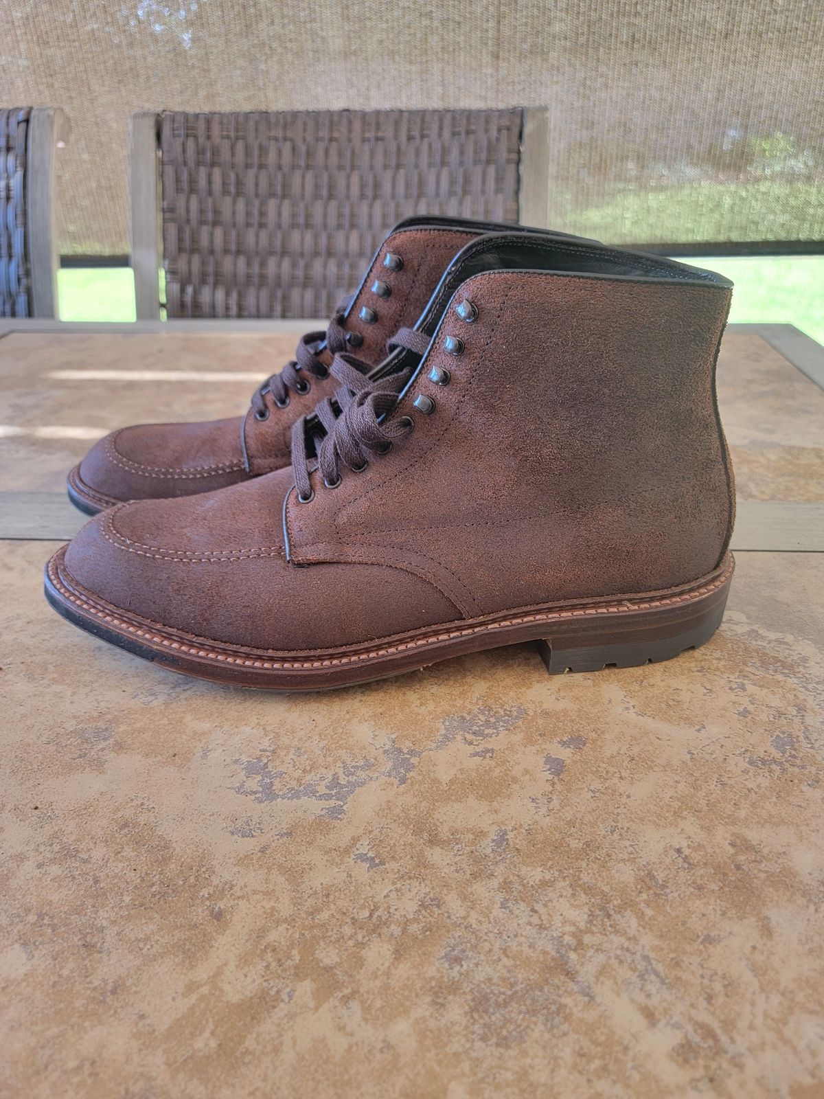 Photo by patinathunderdome on September 30, 2021 of the Alden Indy Boot in Horween Tobacco Chamois Roughout.