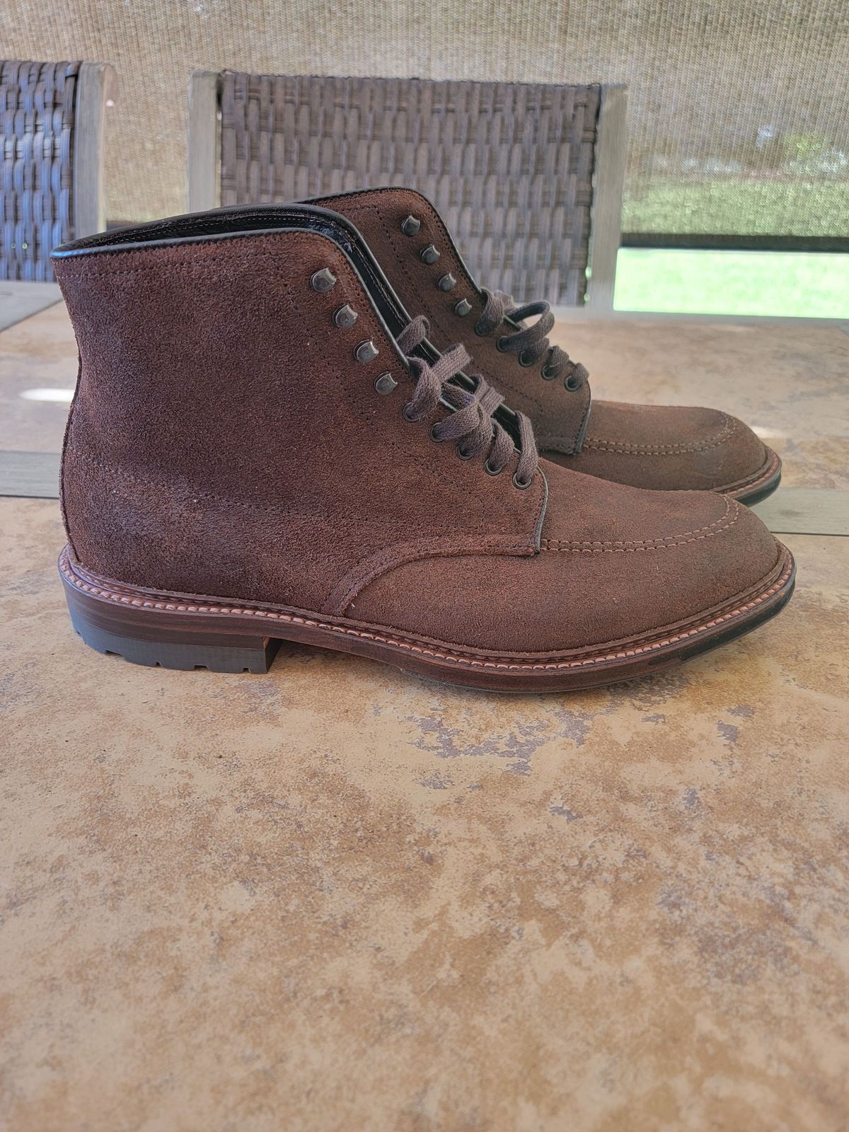 Photo by patinathunderdome on September 30, 2021 of the Alden Indy Boot in Horween Tobacco Chamois Roughout.