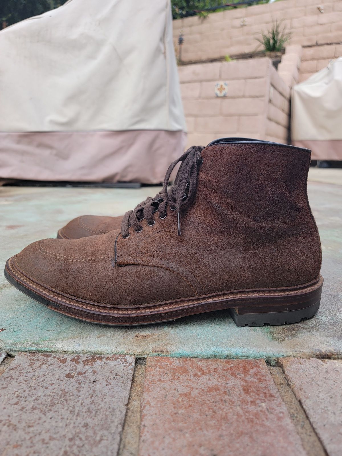Photo by patinathunderdome on November 1, 2021 of the Alden Indy Boot in Horween Tobacco Chamois Roughout.