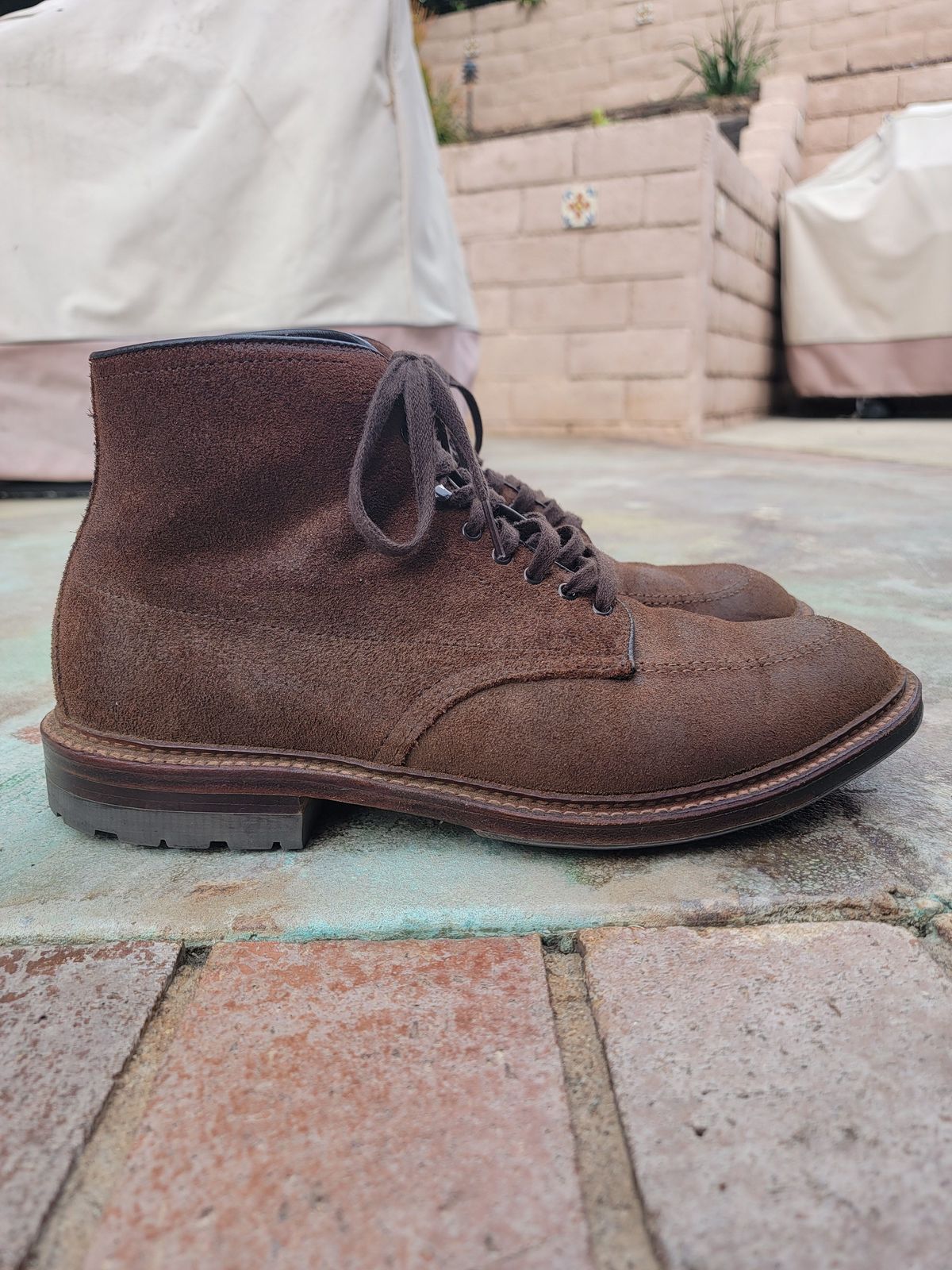 Photo by patinathunderdome on November 1, 2021 of the Alden Indy Boot in Horween Tobacco Chamois Roughout.