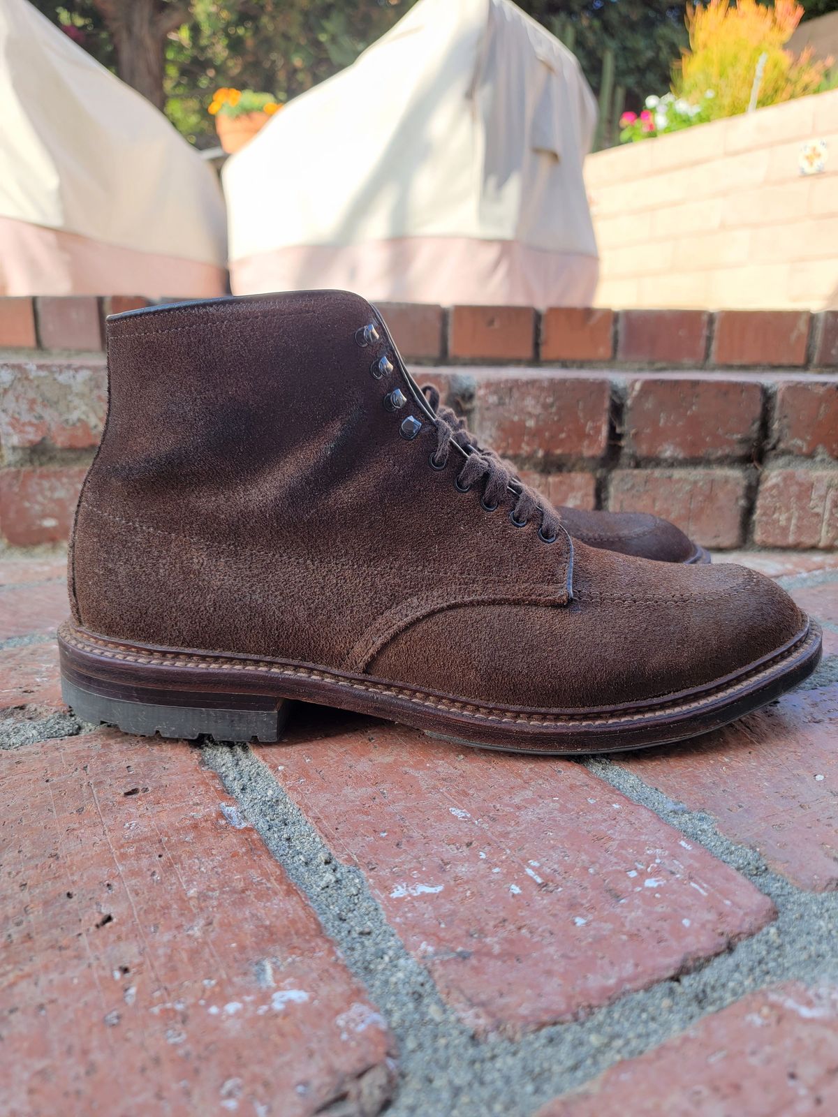Photo by patinathunderdome on December 5, 2021 of the Alden Indy Boot in Horween Tobacco Chamois Roughout.