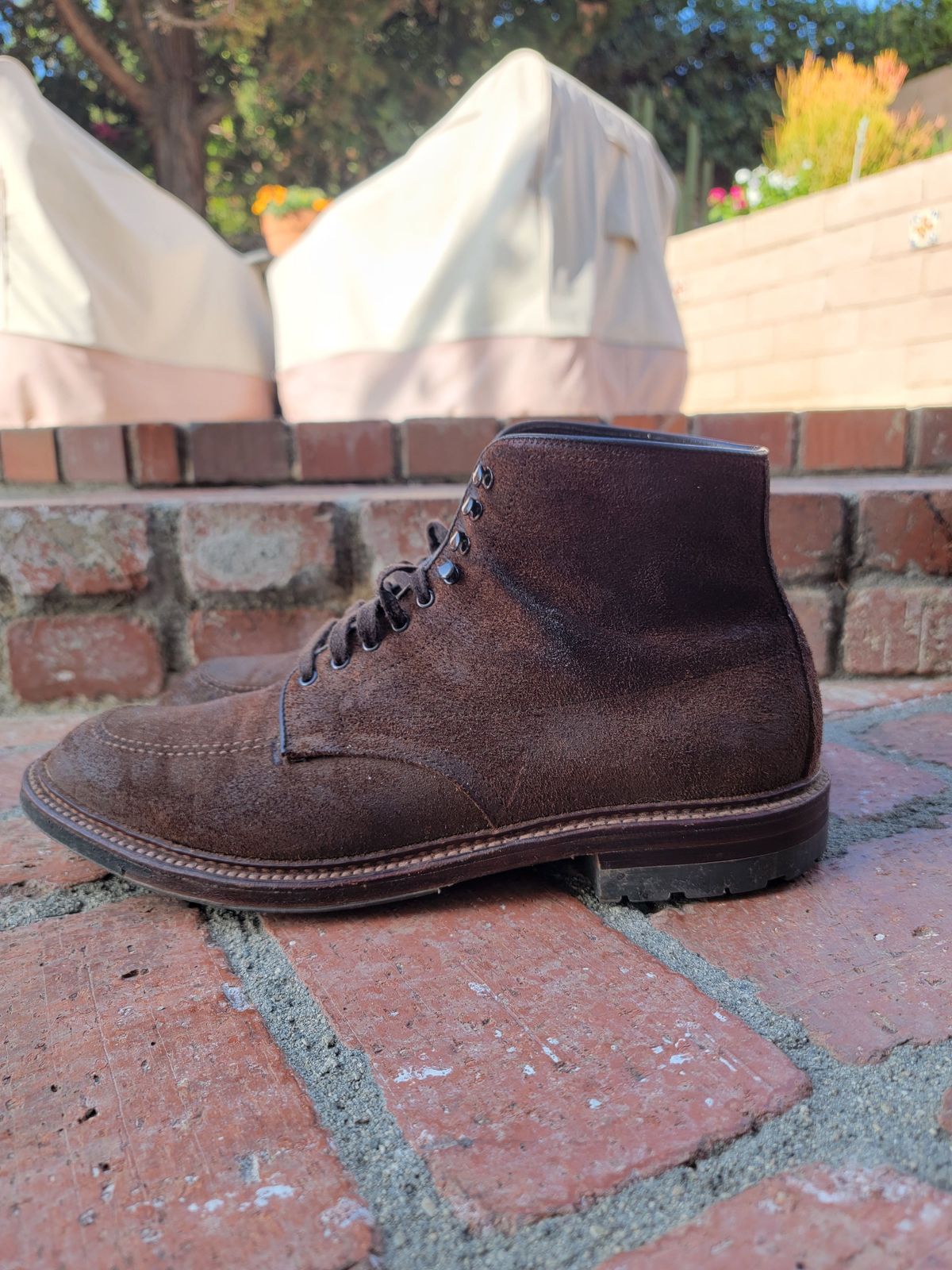 Photo by patinathunderdome on December 5, 2021 of the Alden Indy Boot in Horween Tobacco Chamois Roughout.
