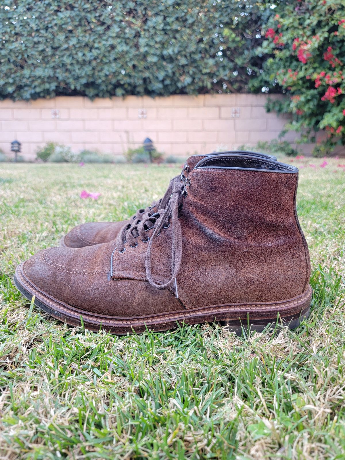 Photo by patinathunderdome on January 4, 2022 of the Alden Indy Boot in Horween Tobacco Chamois Roughout.