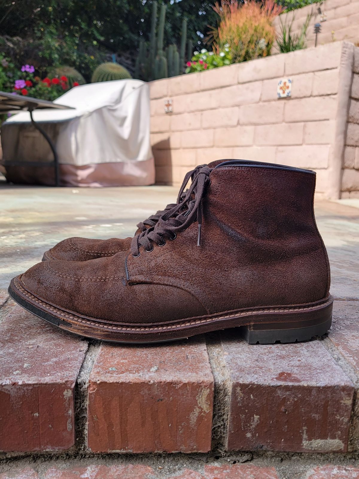 Photo by patinathunderdome on March 3, 2022 of the Alden Indy Boot in Horween Tobacco Chamois Roughout.