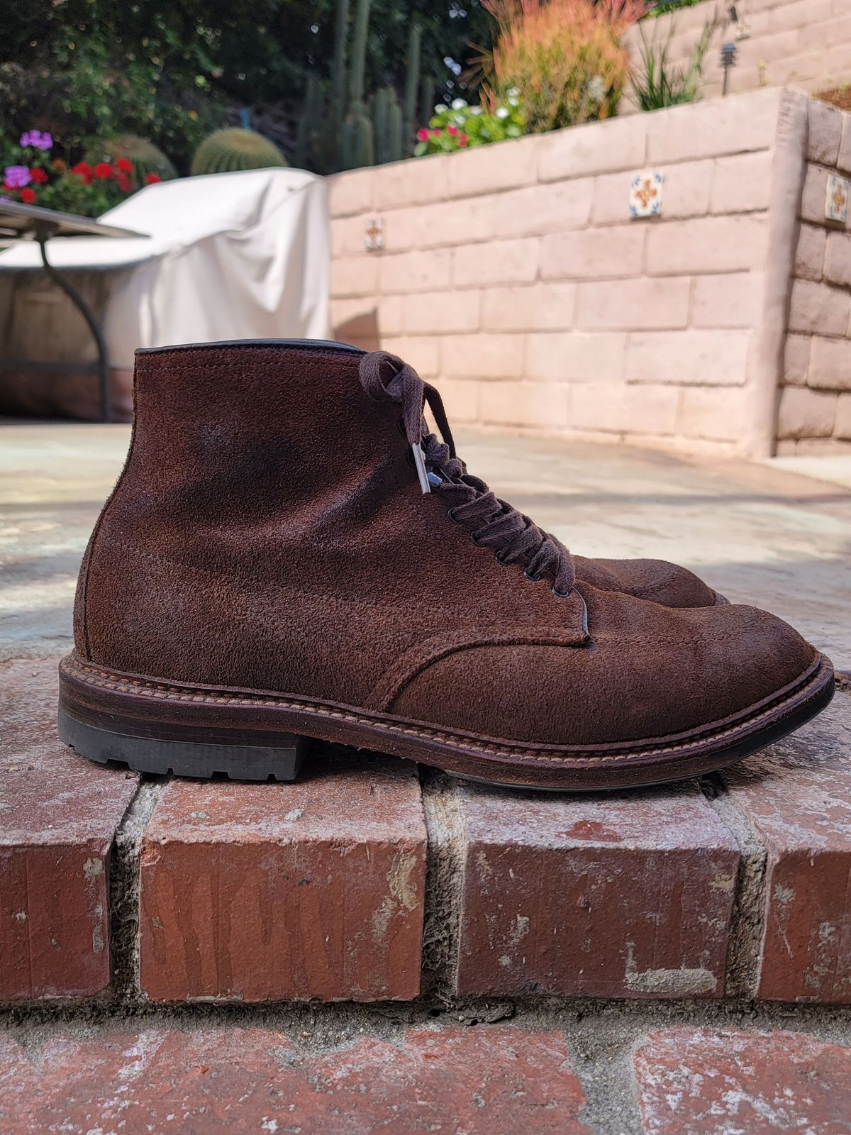 Photo by patinathunderdome on March 3, 2022 of the Alden Indy Boot in Horween Tobacco Chamois Roughout.