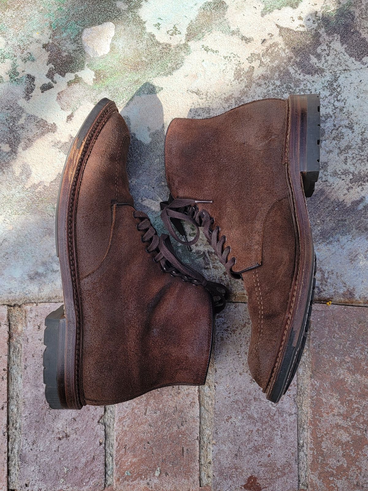 Photo by patinathunderdome on March 3, 2022 of the Alden Indy Boot in Horween Tobacco Chamois Roughout.