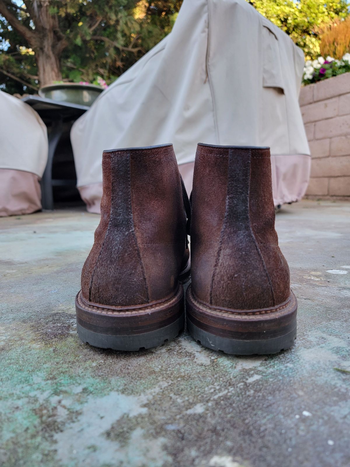 Photo by patinathunderdome on April 5, 2022 of the Alden Indy Boot in Horween Tobacco Chamois Roughout.