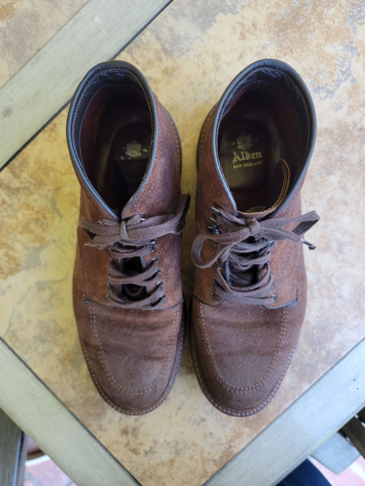 Photo by patinathunderdome on May 6, 2022 of the Alden Indy Boot in Horween Tobacco Chamois Roughout.