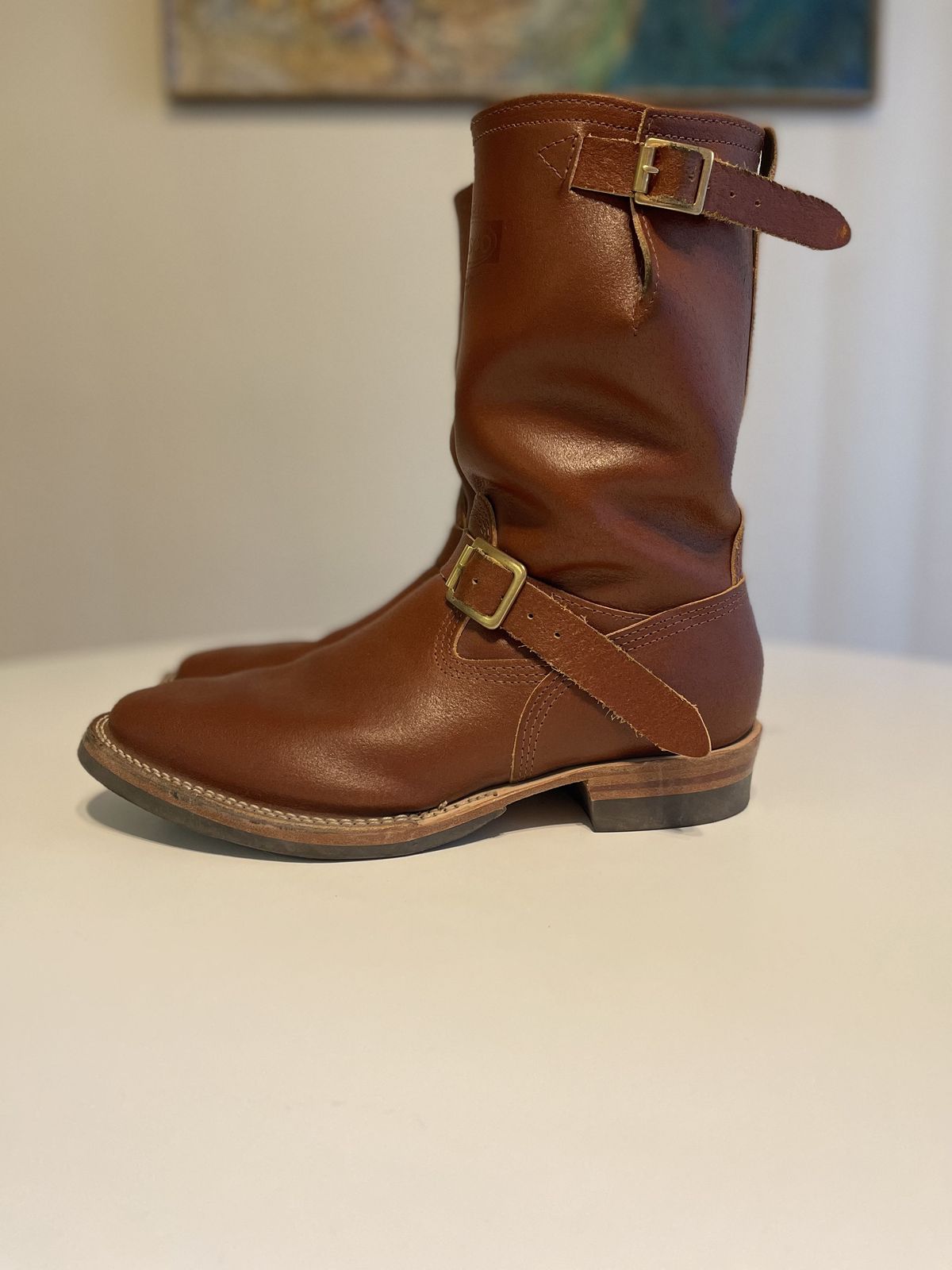 Photo by patinathunderdome on December 5, 2021 of the Wesco 1939 Engineer Boot in Horween Redwood Waxed Flesh.