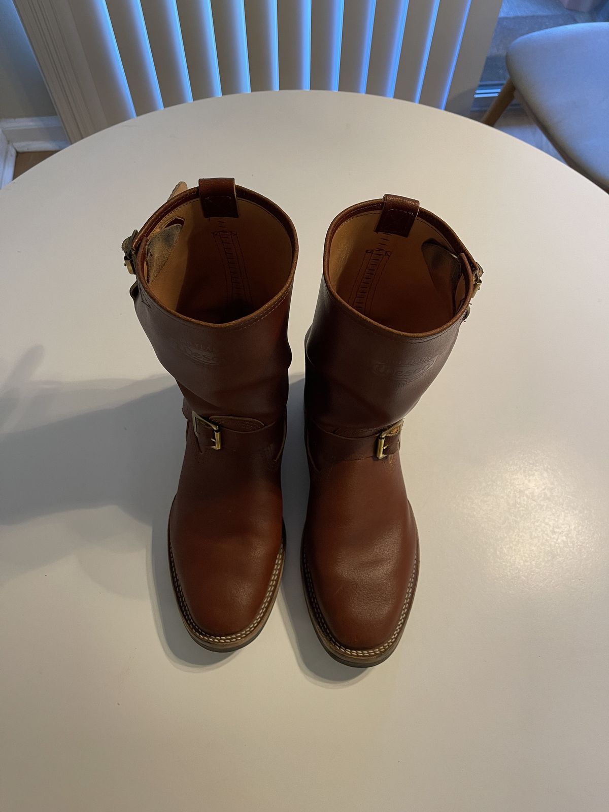 Photo by patinathunderdome on December 5, 2021 of the Wesco 1939 Engineer Boot in Horween Redwood Waxed Flesh.
