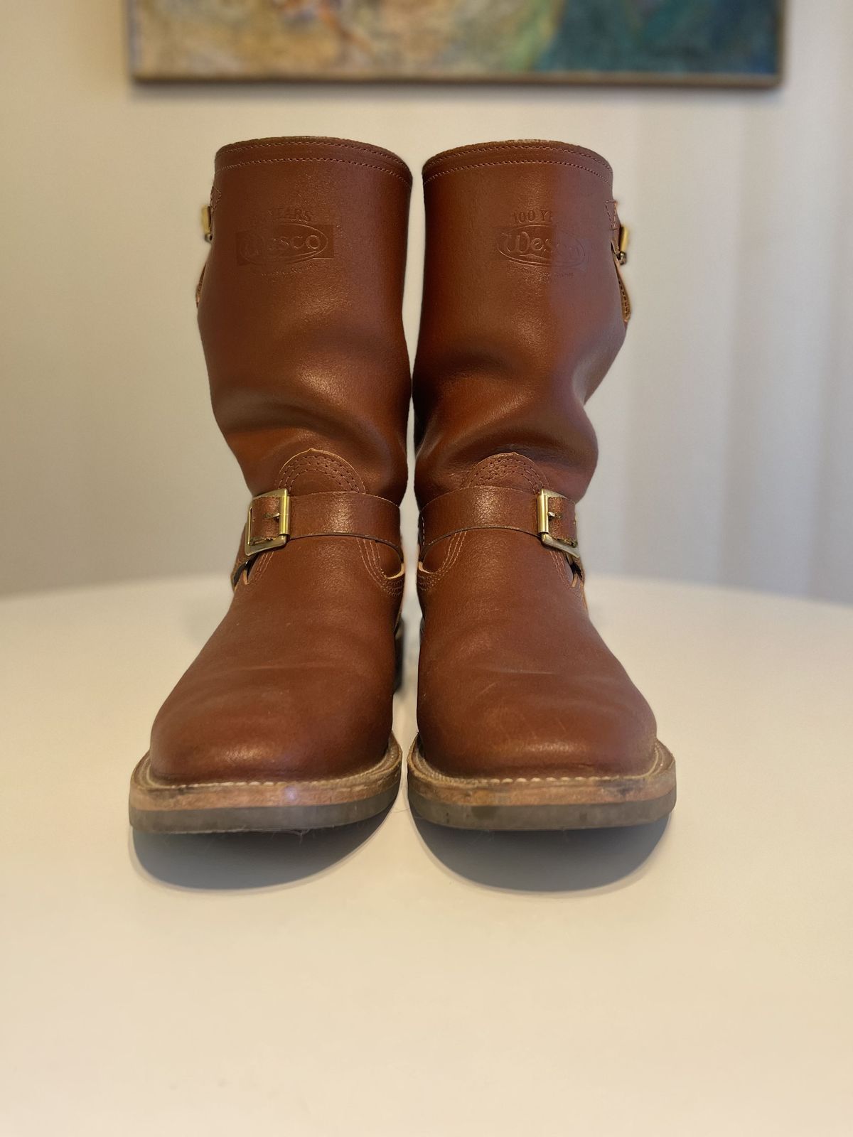 Photo by patinathunderdome on December 5, 2021 of the Wesco 1939 Engineer Boot in Horween Redwood Waxed Flesh.