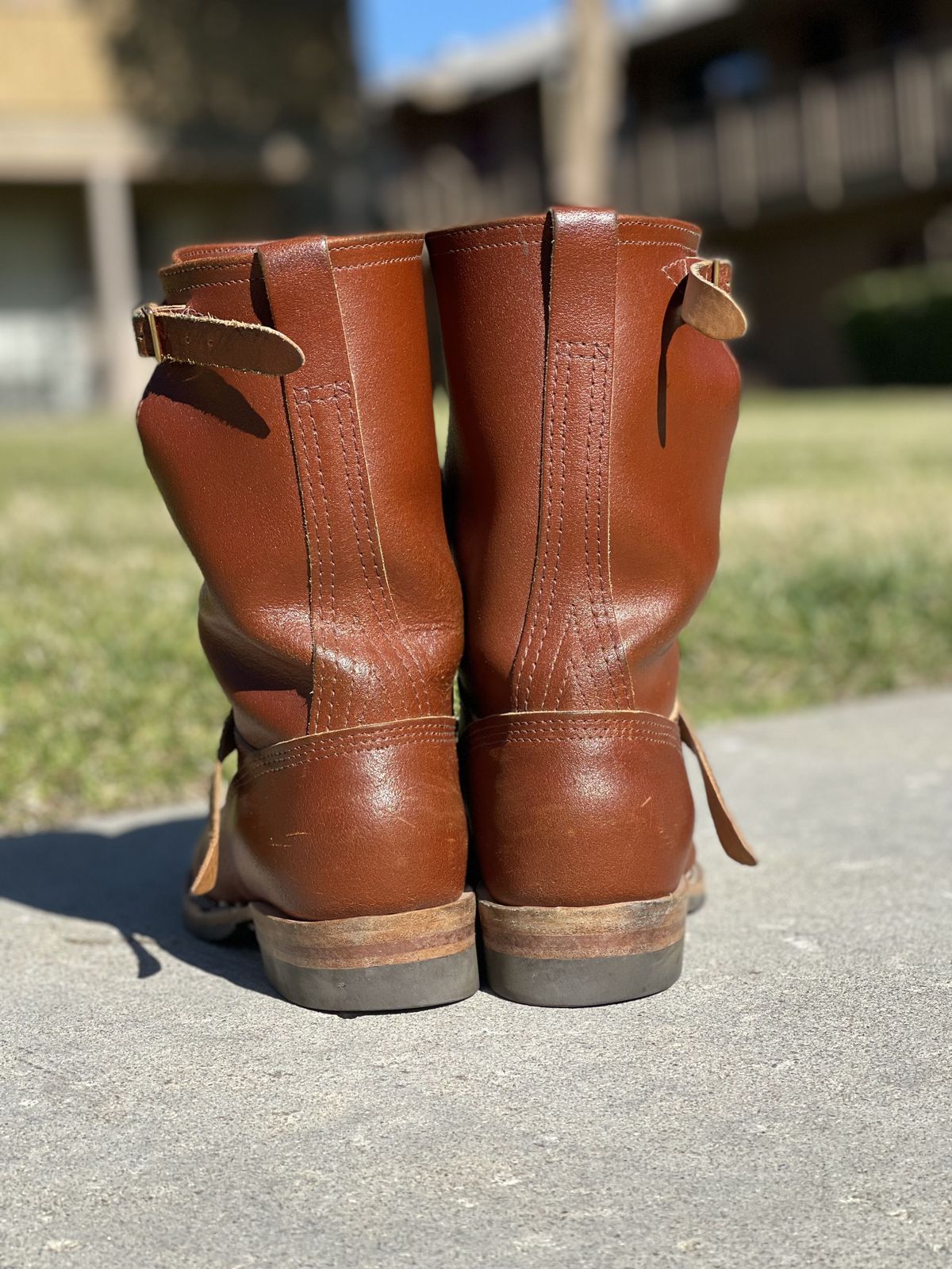 Photo by patinathunderdome on January 5, 2022 of the Wesco 1939 Engineer Boot in Horween Redwood Waxed Flesh.