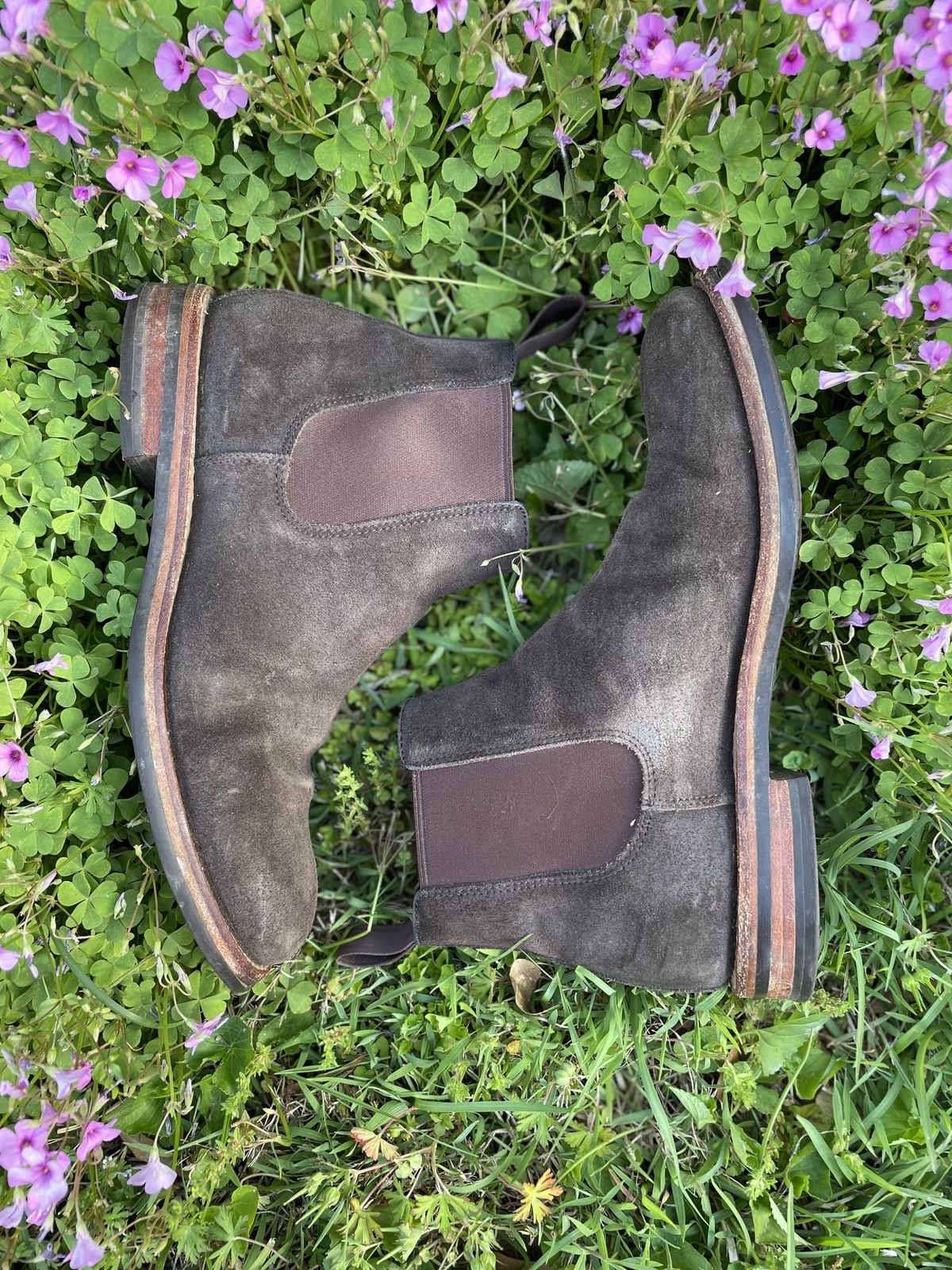 Photo by patinathunderdome on May 5, 2022 of the Grant Stone Chelsea Boot in C.F. Stead Earth Waxy Commander Suede.