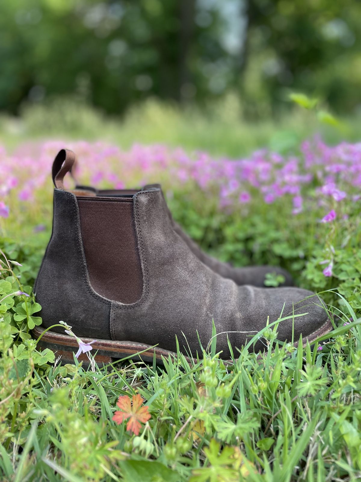 Photo by patinathunderdome on May 5, 2022 of the Grant Stone Chelsea Boot in C.F. Stead Earth Waxy Commander Suede.