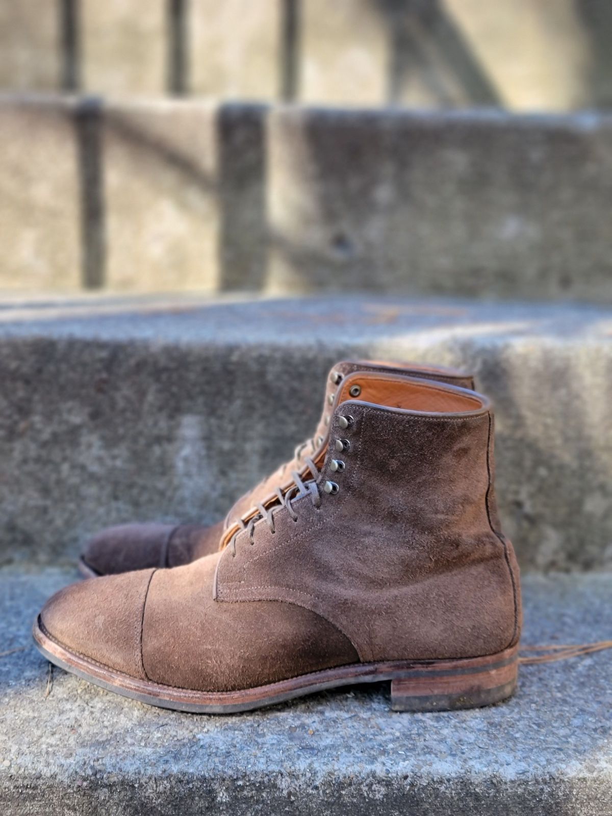 Photo by patinathunderdome on November 4, 2021 of the Viberg Halkett in C.F. Stead Flint Repello Calf Suede.