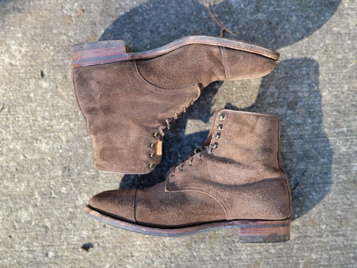 Photo by patinathunderdome on November 4, 2021 of the Viberg Halkett in C.F. Stead Flint Repello Calf Suede.