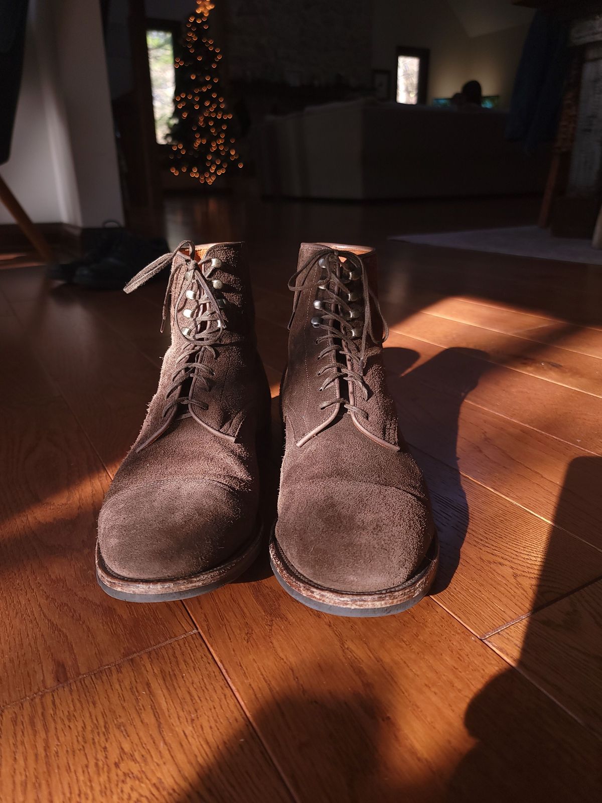 Photo by patinathunderdome on December 5, 2021 of the Viberg Halkett in C.F. Stead Flint Repello Calf Suede.