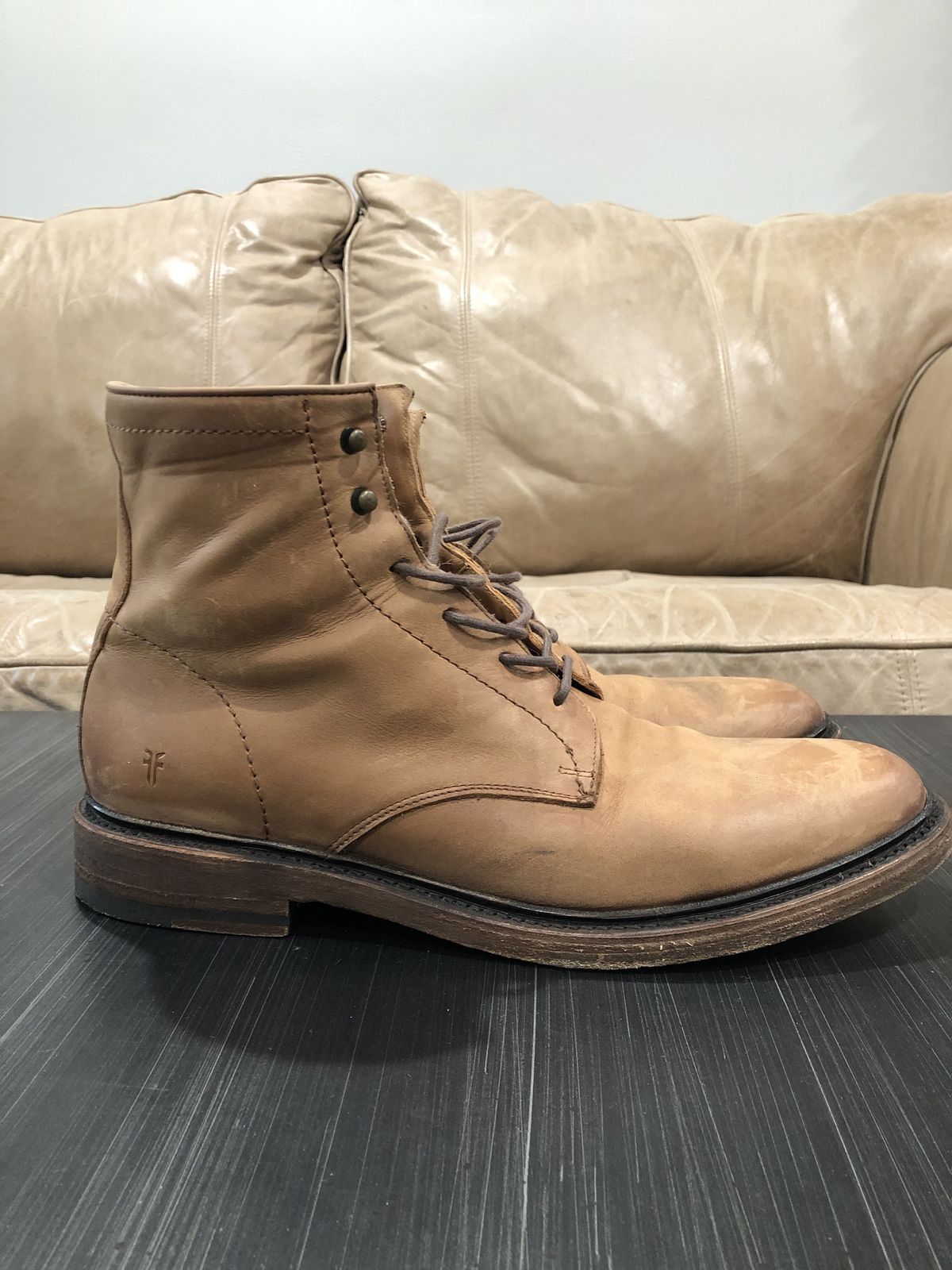 Photo by patinathunderdome on November 5, 2021 of the Frye James Lace-Up Boot in Tan Full Grain.