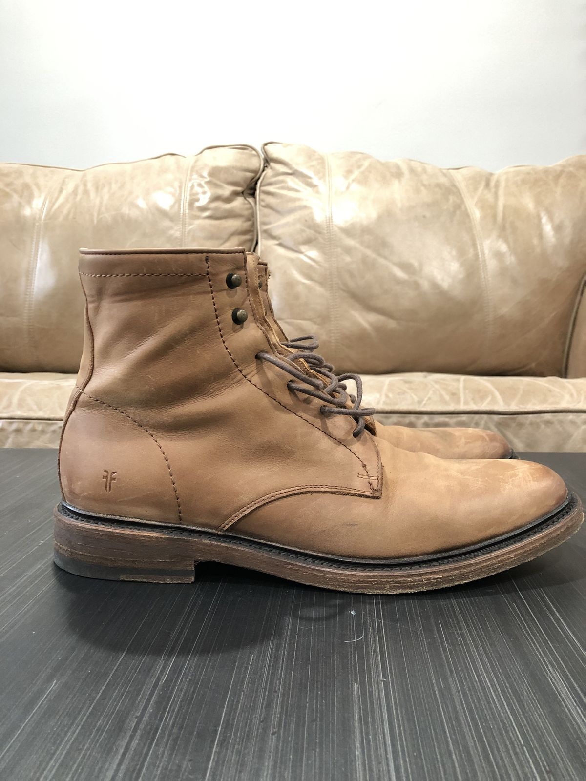 Photo by patinathunderdome on December 5, 2021 of the Frye James Lace-Up Boot in Tan Full Grain.