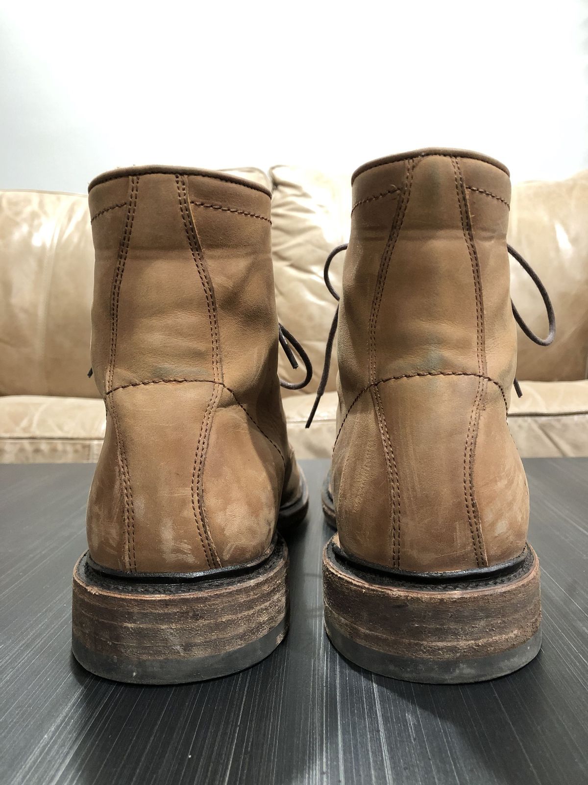 Photo by patinathunderdome on April 6, 2022 of the Frye James Lace-Up Boot in Tan Full Grain.