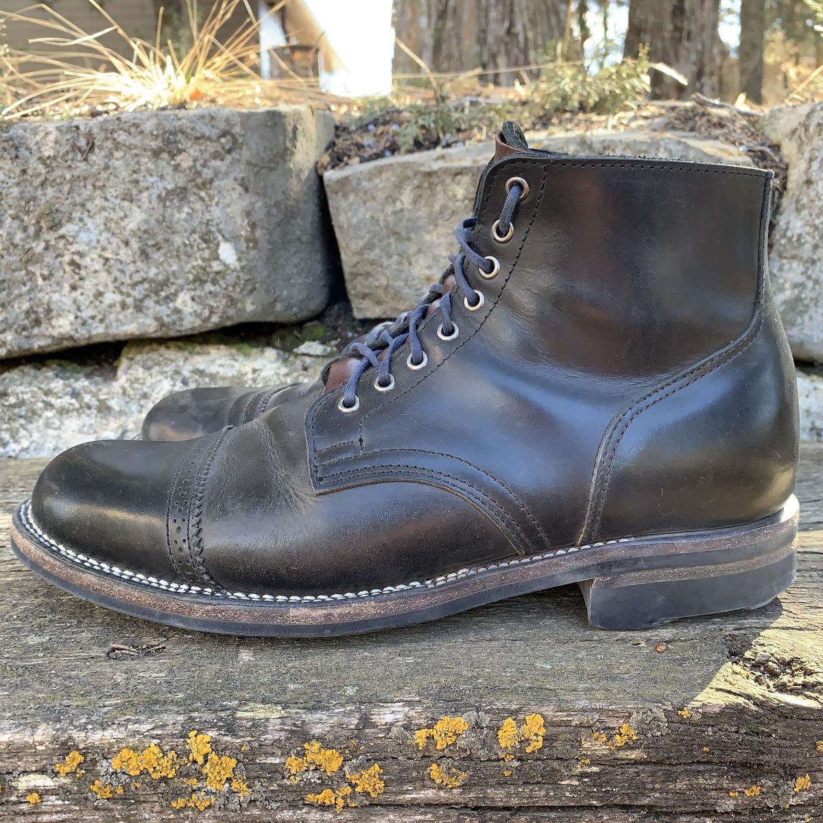 Photo by patinathunderdome on March 5, 2022 of the Viberg Service Boot in Maryam Noir Vitello Calf.